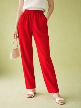 Vintage Nancy Heller Red Wool Pants Lined Elastic Waist Made USA M